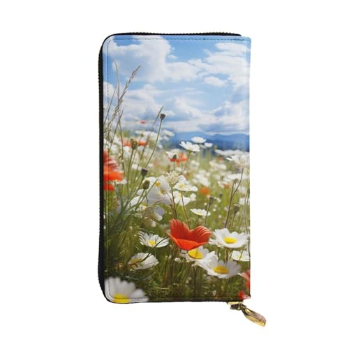 SDTYKHJ Damen Geldbörse Clutch Große Kapazität Lange Geldbörse Wiese und Gänseblümchen Blumen Leder Damen Karte Handy Halter Reise Geldbörse von SDTYKHJ