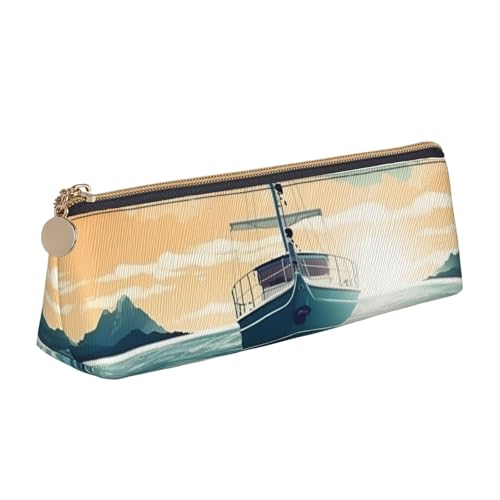 SDTYKHJ Federmäppchen, Boot, Meerlandschaft, großes Federmäppchen, tragbar, Münztasche, ästhetische Kosmetiktasche, Leder, Make-up-Tasche von SDTYKHJ