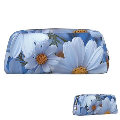 SDTYKHJ Federmäppchen, Gänseblümchen-Blau, großes Federmäppchen, tragbare Münztasche, ästhetische Kosmetiktasche, Leder, Make-up-Tasche, silber, Einheitsgröße von SDTYKHJ