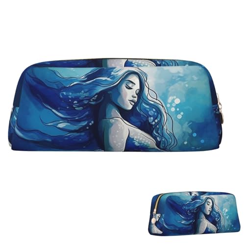 SDTYKHJ Federmäppchen, blaue Meerjungfrau, große Bleistifttasche, tragbare Münztasche, ästhetische Kosmetiktasche, Leder, Make-up-Tasche von SDTYKHJ