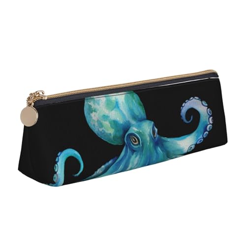 SDTYKHJ Federmäppchen, blaues Aquarell-Oktopus, großes Federmäppchen, tragbare Münztasche, ästhetische Kosmetiktasche, Leder, Make-up-Tasche von SDTYKHJ
