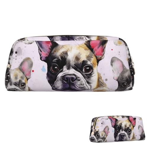 SDTYKHJ Federmäppchen, französische kleine Bulldogge, große Bleistifttasche, tragbare Münztasche, ästhetische Kosmetiktasche, Leder, Make-up-Tasche von SDTYKHJ