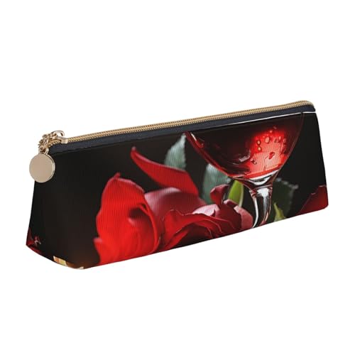SDTYKHJ Federmäppchen, rote Rose, Weinglas und Kerze, großes Federmäppchen, tragbar, Münztasche, ästhetische Kosmetiktasche, Leder, Make-up-Tasche von SDTYKHJ