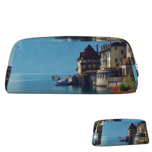 SDTYKHJ Federmäppchen Genfer See Schweiz Große Bleistifttasche Tragbare Münztasche Ästhetische Kosmetiktasche Leder Make-up Tasche, gold, One Size von SDTYKHJ