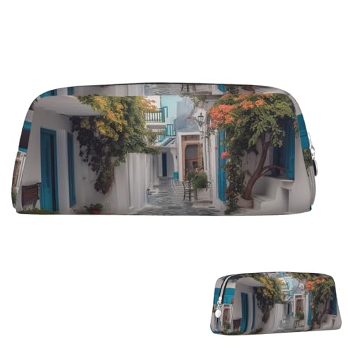 SDTYKHJ Federmäppchen Griechenland Street Big Pencil Bag Tragbare Münztasche Ästhetische Kosmetiktasche Leder Make-up Tasche, silber, Einheitsgröße von SDTYKHJ