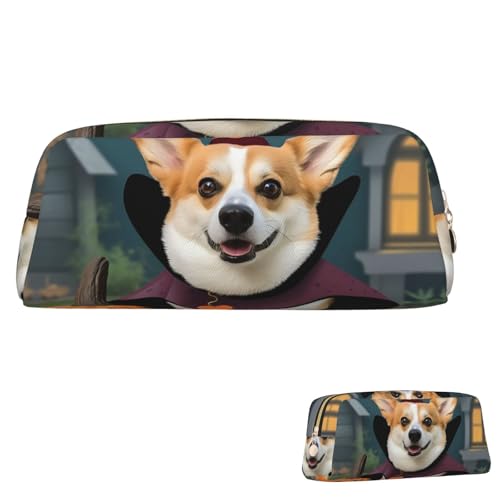 SDTYKHJ Federmäppchen Halloween Corgi Hund Hexe Große Bleistifttasche Tragbare Münztasche Ästhetische Kosmetiktasche Leder Make-up Tasche, Gold, Einheitsgröße von SDTYKHJ