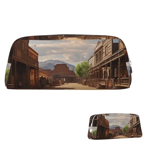 SDTYKHJ Federmäppchen Old Wild West Cowboy Town Big Pencil Bag Tragbare Münztasche Ästhetische Kosmetiktasche Leder Make-up Tasche, silber, Einheitsgröße von SDTYKHJ