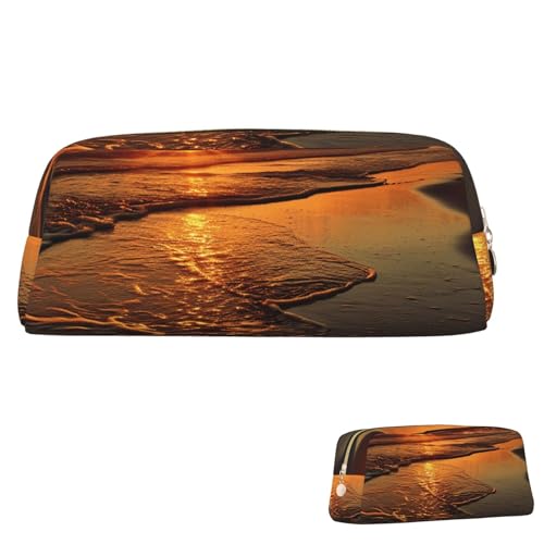 SDTYKHJ Federmäppchen Orange Sonnenaufgang Strand Große Bleistifttasche Tragbare Münztasche Ästhetische Kosmetiktasche Leder Make-up Tasche, Gold, Einheitsgröße von SDTYKHJ