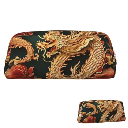 SDTYKHJ Federmäppchen mit Drachen-Hintergrund, großes Federmäppchen, tragbare Münztasche, ästhetische Kosmetiktasche, Leder, Make-up-Tasche, Gold, Einheitsgröße von SDTYKHJ