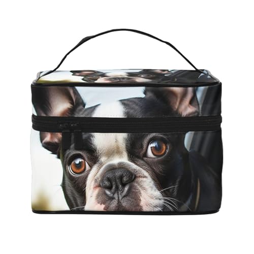 SDTYKHJ Make-up-Tasche für Damen, Kosmetiktasche, Reise-Kulturbeutel, Welpe, Hund, Boston Terrier, Make-up-Organizer mit Griff von SDTYKHJ