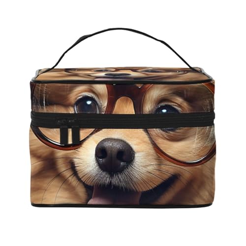 SDTYKHJ Make-up-Tasche für Damen, Kosmetiktasche, Reise-Kulturbeutel, Zwergspitz, mit Brille, Make-up-Organizer mit Griff von SDTYKHJ