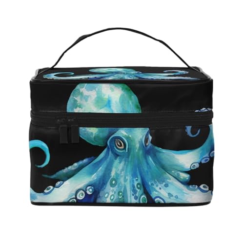 SDTYKHJ Make-up-Tasche für Damen, Kosmetiktasche, Reise-Kulturbeutel, blau, Aquarell-Oktopus, Make-up-Organizer mit Griff von SDTYKHJ