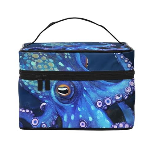 SDTYKHJ Make-up-Tasche für Damen, Kosmetiktasche, Reise-Kulturbeutel, blauer Oktopus, Make-up-Organizer mit Griff von SDTYKHJ