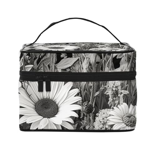 SDTYKHJ Make-up-Tasche für Damen, Kosmetiktasche, Reise-Kulturbeutel, schwarz-weiße Blumen, Make-up-Organizer mit Griff von SDTYKHJ