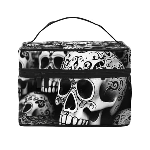 SDTYKHJ Make-up-Tasche für Damen, Kosmetiktasche, Reise-Kulturbeutel, schwarz-weiße Totenköpfe, Make-up-Organizer mit Griff SDTYKHJ Make-up-Tasche für Damen, Kosmetiktasche, Reise-Kulturbeutel, schwarz-weiße Totenköpfe, Make-up-Organizer mit Griff von SDTYKHJ