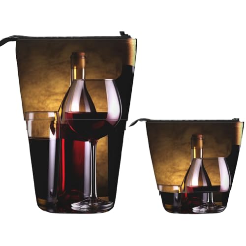 Stehendes Federmäppchen, Pop-Up-Stiftetui, drei Weinflaschen und Glas über Teleskop-Federtasche, niedlicher Stifthalter, große Kapazität, Make-up-Tasche, Kosmetiktasche, Reise-Kulturbeutel von SDTYKHJ