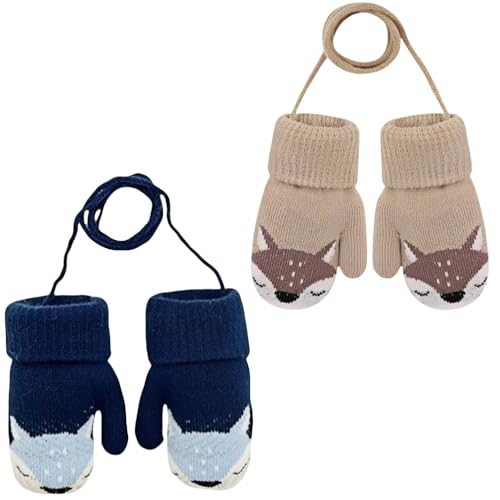 SDXCJY 2 Paar Kinder Gestrickt Handschuhe,Kinder Fäustlinge an Zeichenfolge für Kleinkind Winter Gestrickt Fäustlinge Warm Vlies Handschuhe für Kinder 0-3 Jahre. (Fuch-sblau, Fuch-skhaki) von SDXCJY