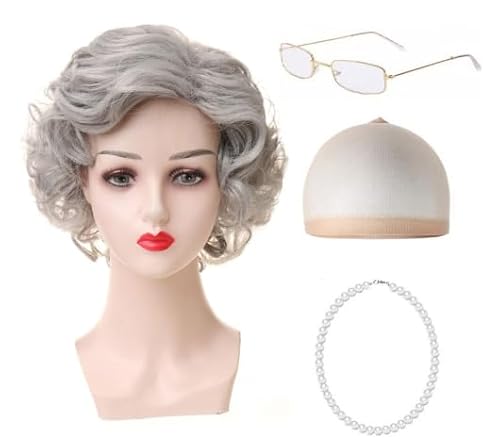 SDXCJY 4-teiliges Set: Graue Oma-Perücke mit Locken, Perückenkappe, Perlenkette und Brille - Kurze Locke, Einheitsgröße, Grau von SDXCJY