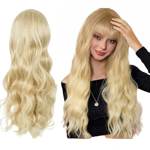 SDXCJY Lange Lockige Gewellt Hellblond Blond Perücke für Frauen 27’’ Lange Lockige Volle Haar Gewellt Hitzebeständig Perücke Damen Cosplay Kostüm für Tägliche Karneval. (Gold) von SDXCJY