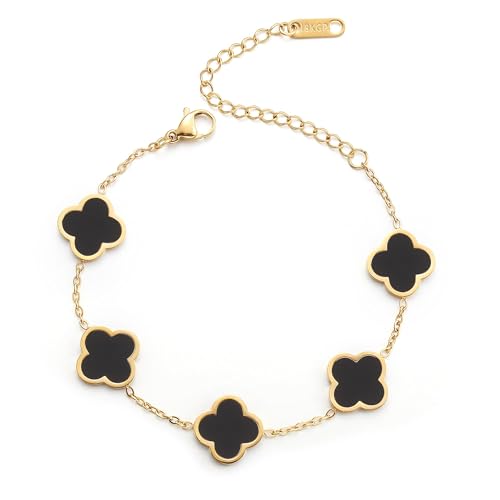 SDZDS Glücklich Vierblättriges Kleeblatt Armband,18K Goldplattiertes Vierblättriges Kleeblatt Armband,Luxuriöses Glücksarmband,Valentinstag Muttertag Weihnachten Geschenk für Frauen (Schwarz) von SDZDS