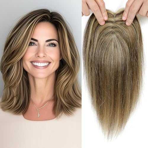 Haar Topper für Frauen, 100% Remy-Menschliches Haar ohne Pony, 120% Dichte Schweizer Basis Clip-In Topper 7x10CM Haarverlängerungen 10 Zoll (4/27#) von SEA SINGING
