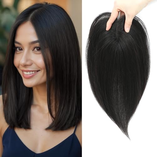 Haar Topper für Frauen aus Echthumanhaar, Remy-Menschliches Haar mit Dünnheits-Upgrade, Mittelscheitel Clip-In Topper Haar Stück für Frauen für täglichen Gebrauch (1B#) von SEA SINGING