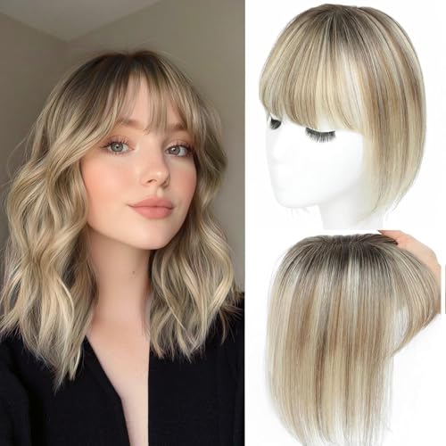 Haar Toppers für Frauen aus echtem Menschenhaar mit Pony, handgenäht 360°3D-Abdeckung, natürlich für dünner werdendes Haar Haarstücke für Frauen Topper (Ombre Light Brown with Blond Highlight) von SEA SINGING