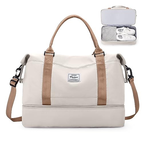 Groß Reisetasche Damen Handgepäck Tasche Sporttasche Weekender Bag Schwimmtasche Wasserdicht Travel Bag Duffle Bag Fitnesstasche Trainingstasche Krankenhaustasche mit Schuhfach,N8-Hellbeige braun von SEAFEW