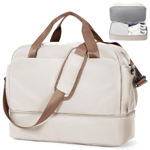Reisetasche Damen 45x36x20 Easyjet Handgepäck Tasche Sporttasche Weekender Bag Schwimmtasche Wasserdicht Travel Duffle Bag Fitnesstasche Trainingstasche Krankenhaustasche mit Schuhfach,B1-Beige braun von SEAFEW
