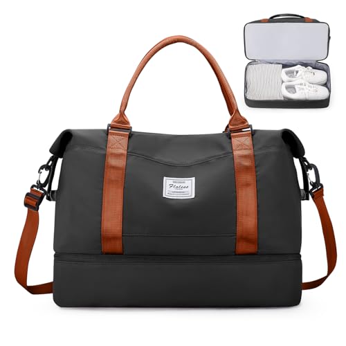 Reisetasche Damen Handgepäck Tasche Sporttasche Weekender Bag Schwimmtasche Wasserdicht Travel Bag Duffle Bag Fitnesstasche Trainingstasche Krankenhaustasche mit Schuhfach,A10-Schwarz Braun von SEAFEW