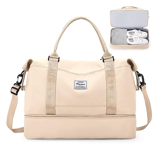 Reisetasche Damen Handgepäck Tasche Sporttasche Weekender Bag Schwimmtasche Wasserdicht Travel Bag Duffle Bag Fitnesstasche Trainingstasche Krankenhaustasche mit Schuhfach,A5-Beige von SEAFEW