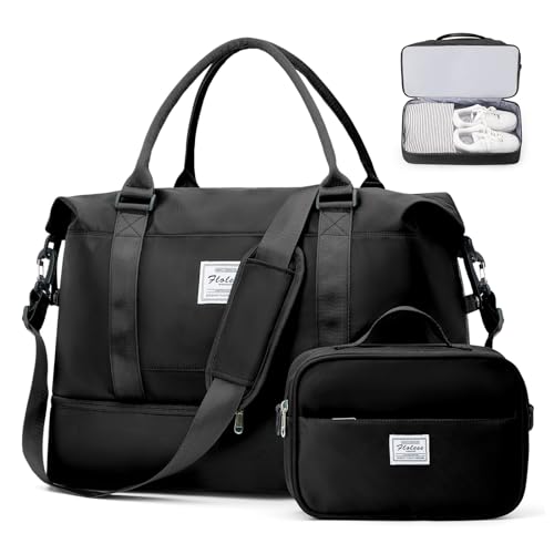 Reisetasche Damen Handgepäck Tasche Sporttasche mit Kulturbeutel Weekender Bag Schwimmtasche Wasserdicht Travel Duffle Bag Fitnesstasche Trainingstasche Krankenhaustasche mit Schuhfach,C1-Schwarz von SEAFEW