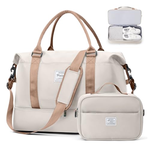 Reisetasche Damen Handgepäck Tasche Sporttasche mit Kulturbeutel Weekender Bag Schwimmtasche Wasserdicht Travel Duffle Bag Fitnesstasche Trainingstasche Krankenhaustasche mit Schuhfach,C11-Beige Braun von SEAFEW