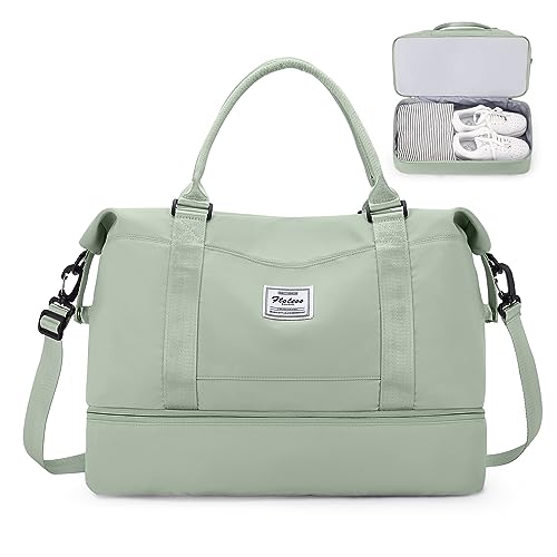 Reisetasche Damen Handgepäck Tasche Sporttasche Weekender Bag Schwimmtasche Wasserdicht Travel Bag Duffle Bag Fitnesstasche Trainingstasche Krankenhaustasche mit Schuhfach A14-Weißgrün von SEAFEW