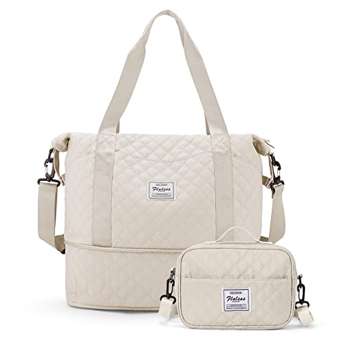 Reisetasche Damen Sporttasche 40x20x25 Ryanair Handgepäck Tasche Weekender Bag Schwimmtasche Wasserdicht Travel Bag Duffle Bag Fitnesstasche Trainingstasche Frauen für Reise Gym,Beige mit Kulturbeutel von SEAFEW