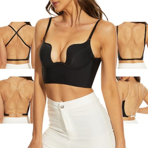 SEAGETTINO Damen BH mit niedrigem Rücken, Drahthebe, tiefer U-förmiger rückenfreier BH mit wandelbaren transparenten Trägern von SEAGETTINO