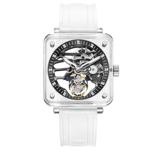 SEAKOSS Aesop Transparente Tourbillon Mechanische Uhr Skelett Aushöhlen Luxus Saphir Wasserdicht Automatische Herren Gummi Armbanduhr, Weißer Edelstein von SEAKOSS