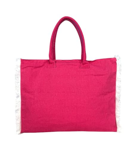 SEAMAR Strandtasche Riviera, einfarbig mit Reißverschluss und Fransen, 100 % Baumwolle, Canvas 47 x 37 x 15 m, fuchsia, Large von SEAMAR