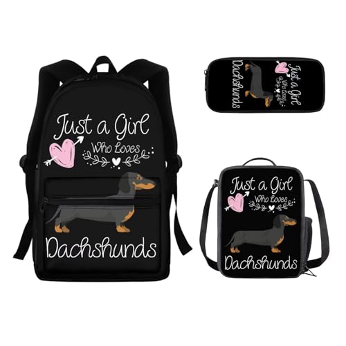 SEANATIVE 3-in-1-Kinderrucksack-Set, robuste Büchertasche mit Lunchtasche, für Teenager, Mädchen, Studenten, Büchertasche, Rucksack, Dackel Hund von SEANATIVE