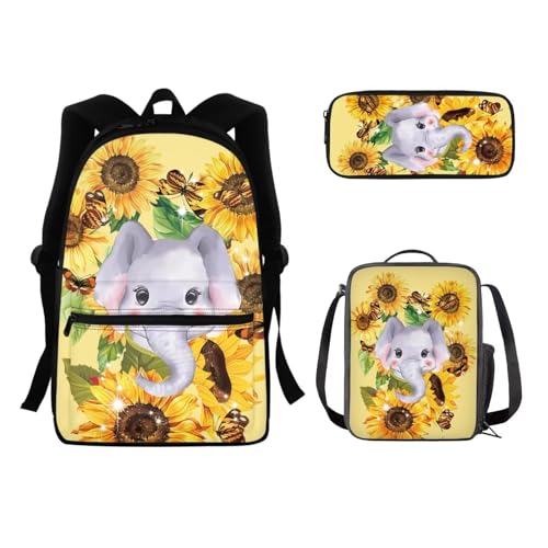 SEANATIVE 3-in-1-Kinderrucksack-Set, robuste Büchertasche mit Lunchtasche, für Teenager, Mädchen, Studenten, Büchertasche, Rucksack, Süßer Elefant von SEANATIVE