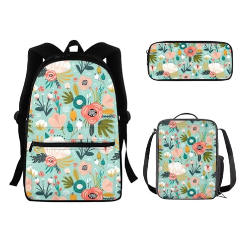 SEANATIVE 3-in-1-Kinderrucksack-Set, robuste Büchertasche mit Lunchtasche, für Teenager, Mädchen, Studenten, Büchertasche, Rucksack, Vintage Blume von SEANATIVE