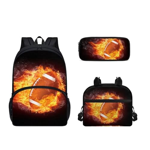 SEANATIVE 3-in-1-Schultasche für Kinder, Rucksack, Grundschule, Kindergarten, Schule, Büchertasche mit Lunch-Taschen, Set für Teenager, Studenten, Burning Football von SEANATIVE