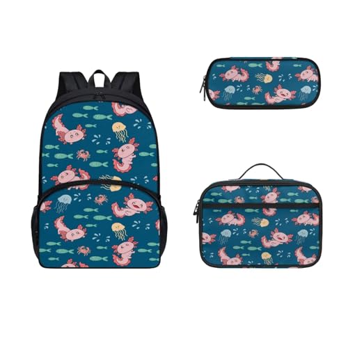 SEANATIVE 3-teiliger Schulrucksack mit Lunchbox, Federmäppchen für Kinder, Teenager, große Kapazität, Schultaschen, Axolotl von SEANATIVE