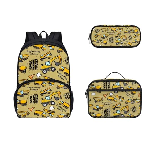 SEANATIVE 3-teiliger Schulrucksack mit Lunchbox, Federmäppchen für Kinder, Teenager, große Kapazität, Schultaschen, Bagger von SEANATIVE