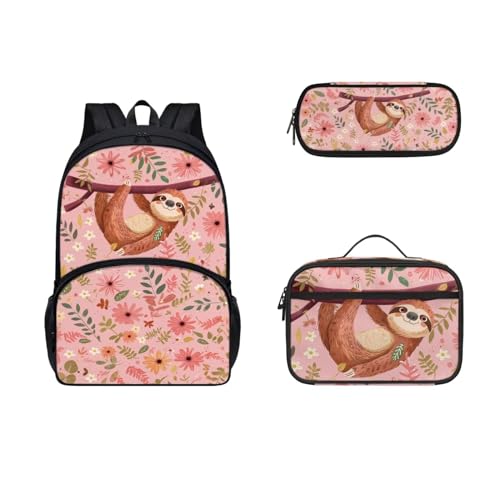 SEANATIVE 3-teiliger Schulrucksack mit Lunchbox, Federmäppchen für Kinder, Teenager, große Kapazität, Schultaschen, Faultier-Blume von SEANATIVE