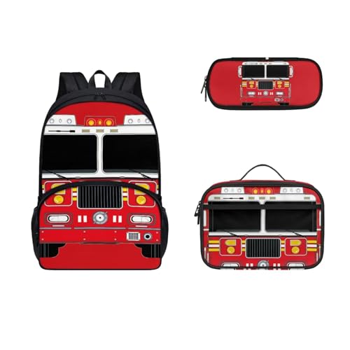 SEANATIVE 3-teiliger Schulrucksack mit Lunchbox, Federmäppchen für Kinder, Teenager, große Kapazität, Schultaschen, Feuerwehrauto von SEANATIVE