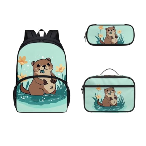 SEANATIVE 3-teiliger Schulrucksack mit Lunchbox, Federmäppchen für Kinder, Teenager, große Kapazität, Schultaschen, otter von SEANATIVE