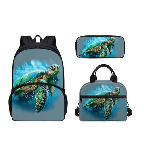 SEANATIVE 3-teiliger robuster Schul-Büchertasche für Kinder, großer Schulterrucksack mit Lunchbox, Federmäppchen, Teenager, Tagesrucksack, Aquarell-Schildkröten von SEANATIVE