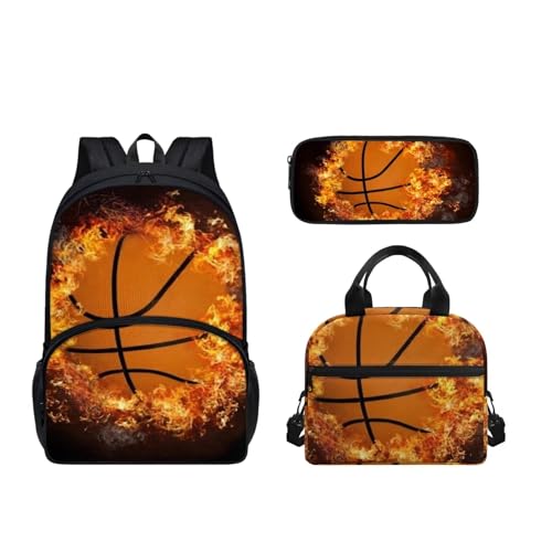 SEANATIVE 3-teiliger robuster Schul-Büchertasche für Kinder, großer Schulterrucksack mit Lunchbox, Federmäppchen, Teenager, Tagesrucksack, Basketbal von SEANATIVE