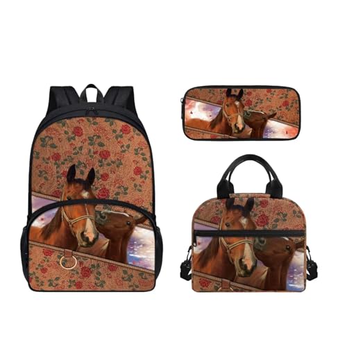 SEANATIVE 3-teiliger robuster Schul-Büchertasche für Kinder, großer Schulterrucksack mit Lunchbox, Federmäppchen, Teenager, Tagesrucksack, Tierpferd von SEANATIVE